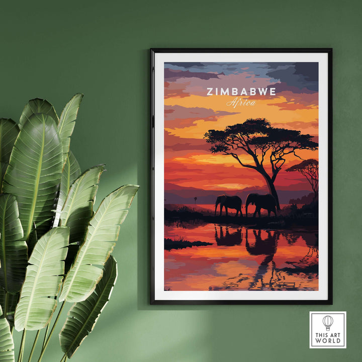 Vibrant Zimbabwe travel poster featuring African elephants at sunset, perfect for home decor and wildlife lovers.