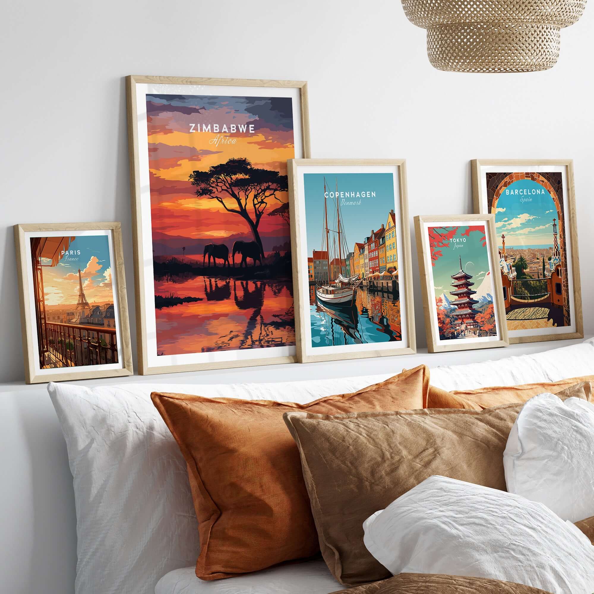 Zimbabwe Travel Poster - African Elephant Print - Vibrant Sunset Home Decor displayed in a stylish living room arrangement.