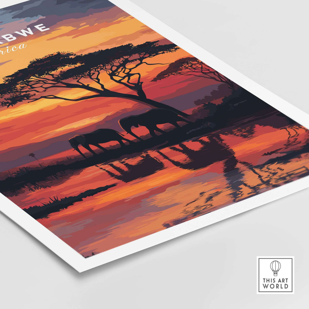 Vibrant Zimbabwe travel poster featuring African elephants under a glowing sunset, perfect for home decor.