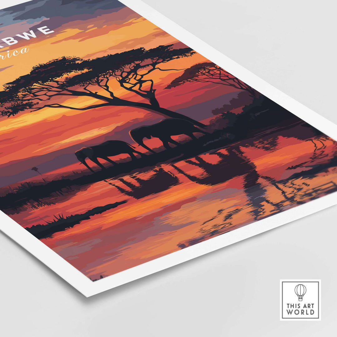 Vibrant Zimbabwe travel poster featuring African elephants under a glowing sunset, perfect for home decor.