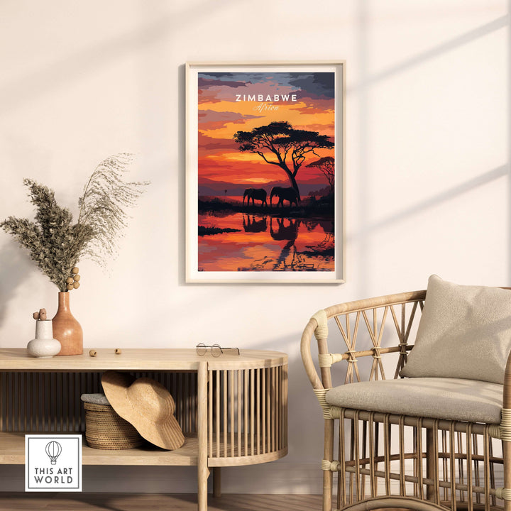 Zimbabwe travel poster featuring African elephants at sunset, framed decor for wildlife enthusiasts.