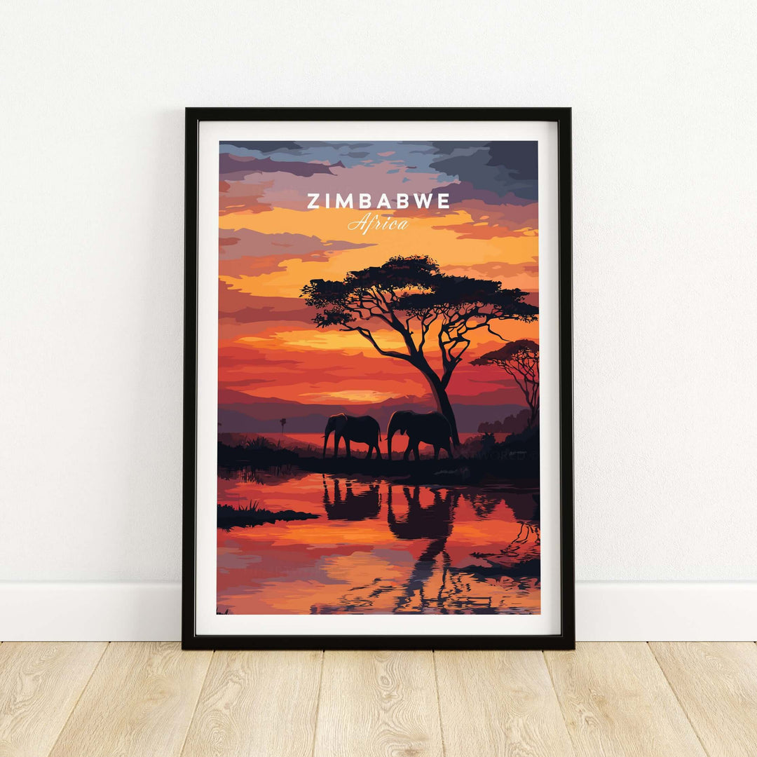 Vibrant Zimbabwe travel poster featuring African elephants and sunset, perfect for home decor.