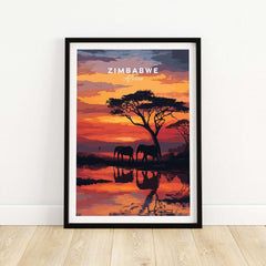 Zimbabwe Travel Poster - African Elephant Print - Vibrant Sunset Home Decor - Majestic elephants silhouetted against a colorful sunset.