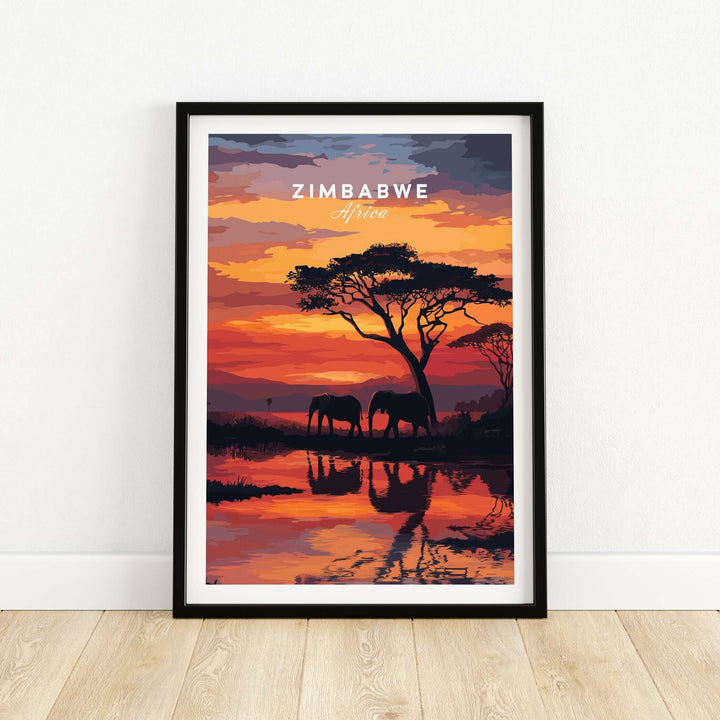 Vibrant Zimbabwe travel poster featuring African elephants and sunset, perfect for home decor.