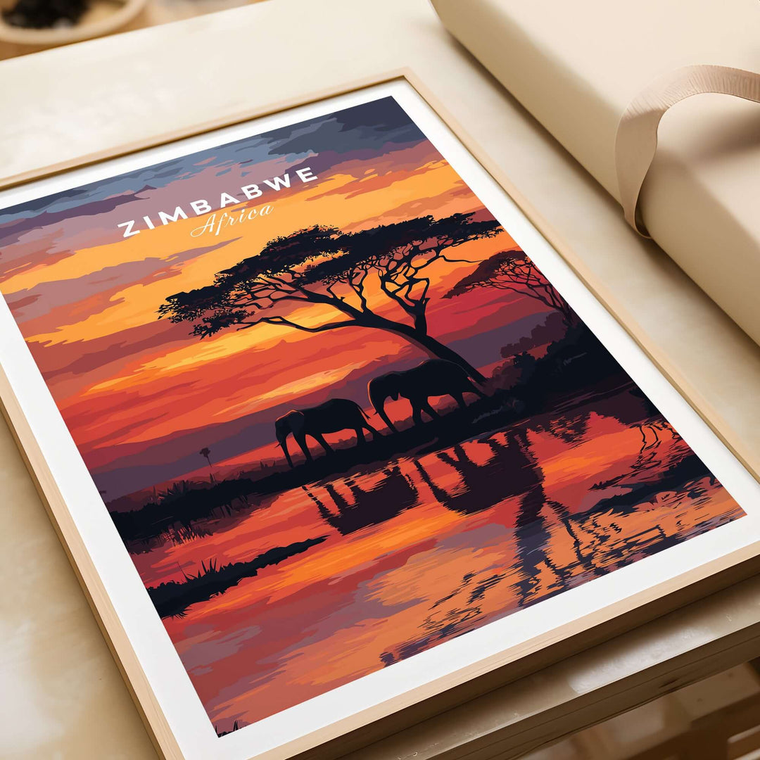 Vibrant Zimbabwe travel poster featuring African elephants at sunset, perfect for wildlife lovers and home decor.