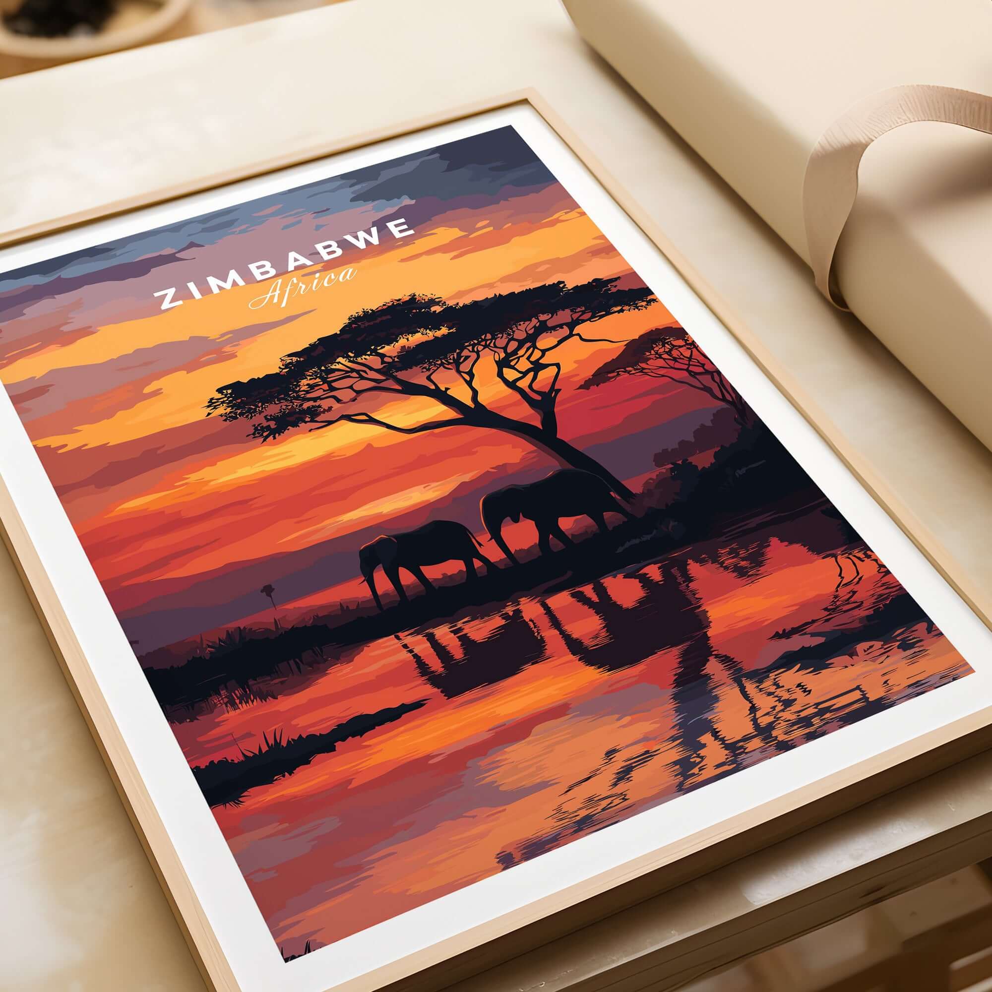 Zimbabwe Travel Poster - African Elephant Print - Vibrant Sunset Home Decor featuring elephants at sunset.