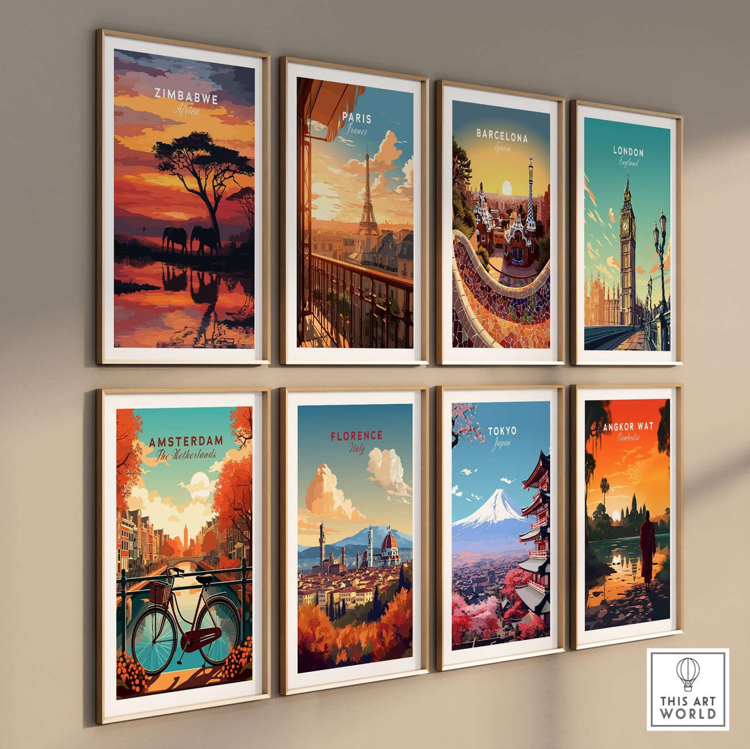 Gallery of vibrant travel posters including Zimbabwe, Paris, and Barcelona, perfect for home decor.