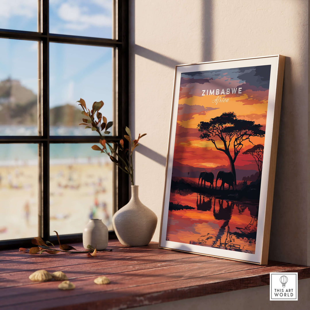 Vibrant Zimbabwe travel poster featuring African elephants and sunset, perfect for home decor.