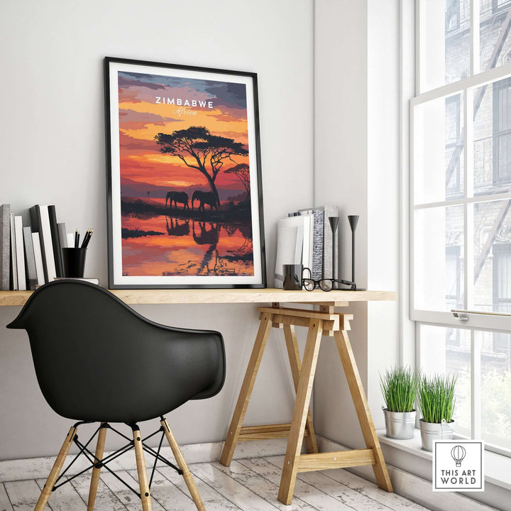 Zimbabwe travel poster featuring African elephants at sunset, vibrant home decor for wildlife lovers.