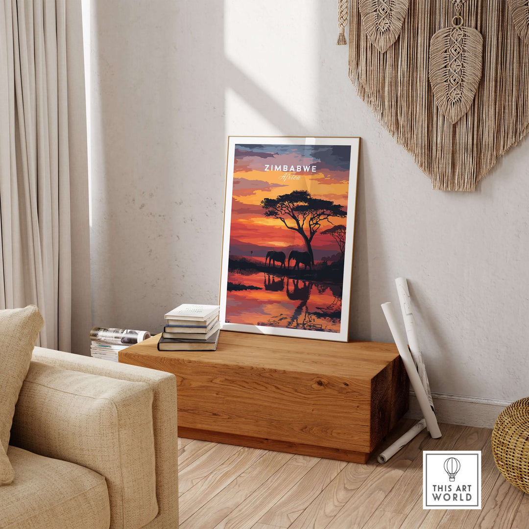 Zimbabwe travel poster featuring elephants at sunset, vibrant home decor for wildlife lovers.