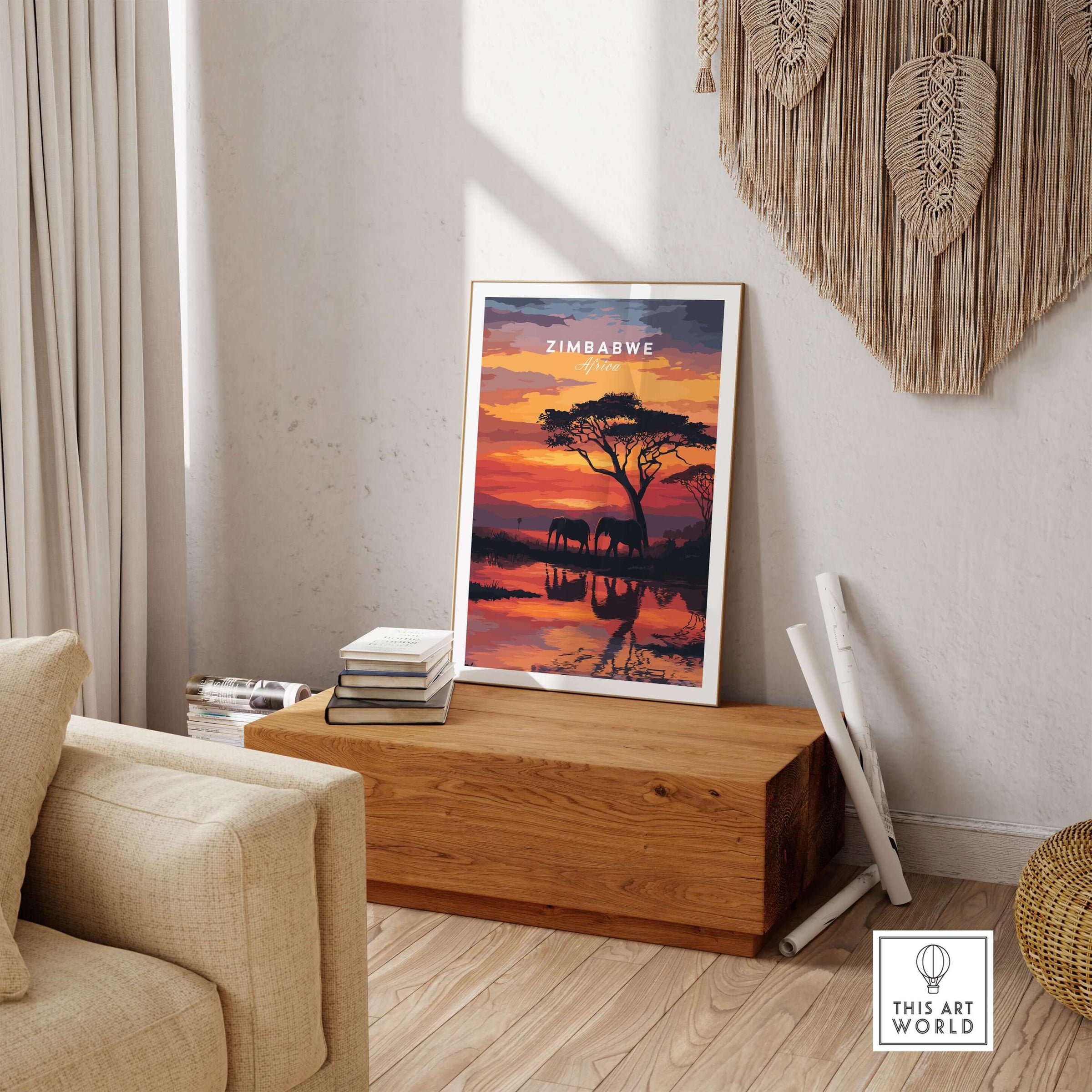 Zimbabwe Travel Poster - African Elephant Print - Vibrant Sunset Home Decor showcased in a stylish living room with warm decor.