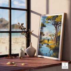 Zimbabwe Travel Print - African Savanna Landscape Poster displayed on a wooden table next to a vase and window.