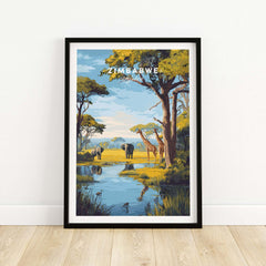 Zimbabwe Travel Print - African Savanna Landscape Poster featuring elephants and giraffes by a tranquil water scene.