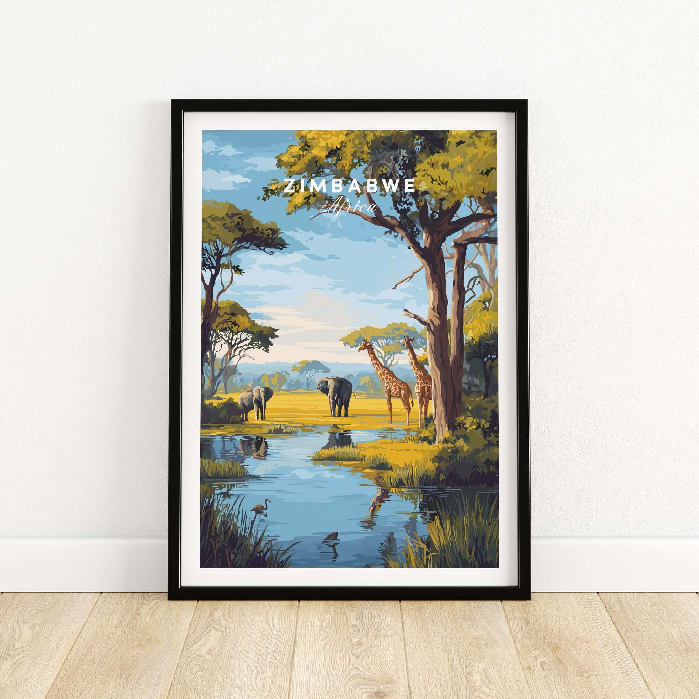 Zimbabwe Travel Print - African Savanna Landscape Poster featuring elephants and giraffes by a tranquil water scene.