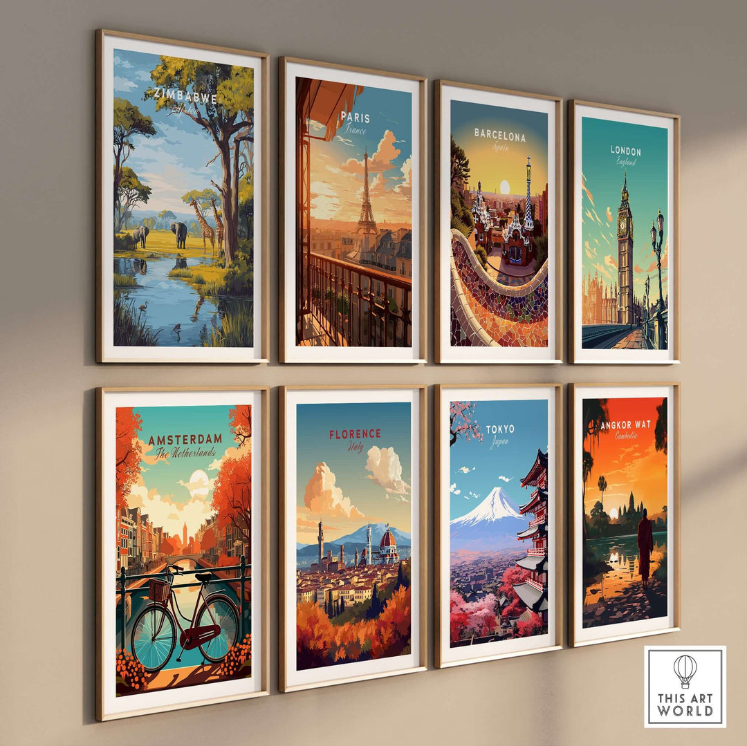 Gallery of travel prints featuring Zimbabwe, Paris, Barcelona, London, Amsterdam, Florence, Tokyo, and Angkor Wat.