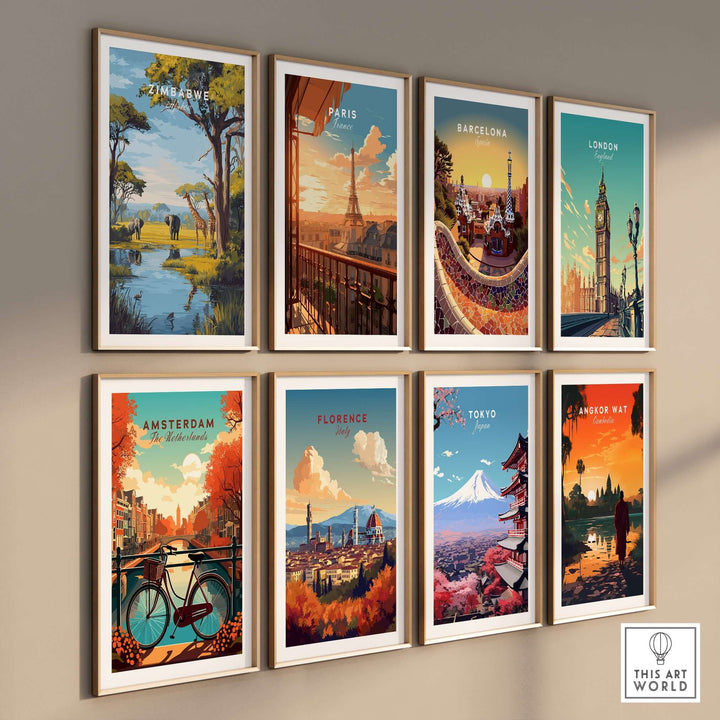 Gallery of travel prints featuring Zimbabwe, Paris, Barcelona, London, Amsterdam, Florence, Tokyo, and Angkor Wat.