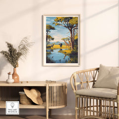 Zimbabwe Travel Print - African Savanna Landscape Poster displayed in a modern home decor setting.