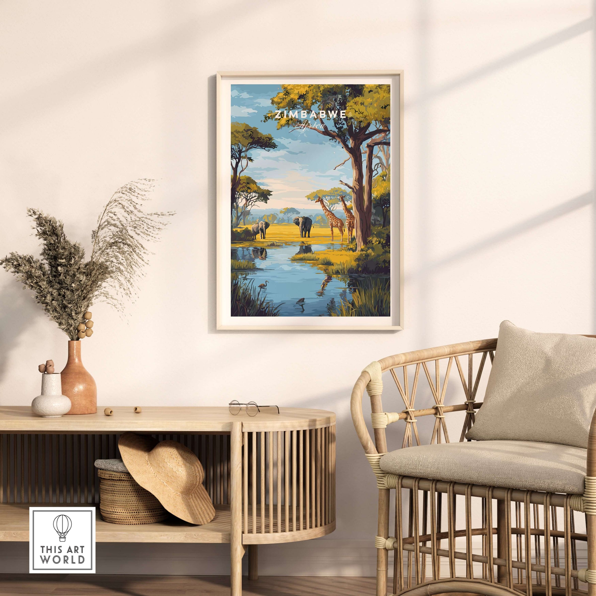 Zimbabwe Travel Print - African Savanna Landscape Poster displayed in a modern home decor setting.