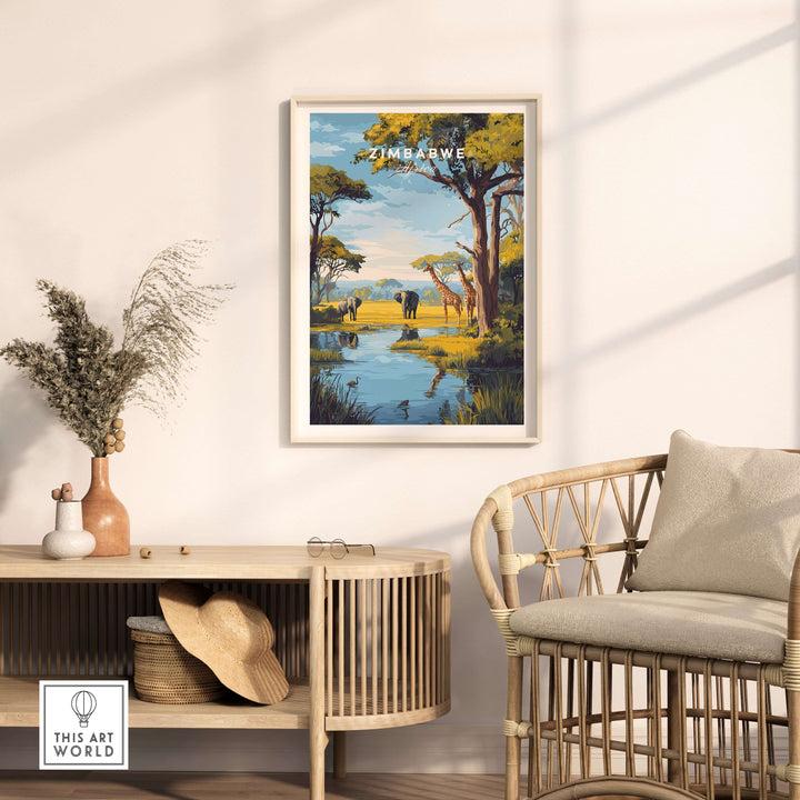 Zimbabwe travel print featuring elephants by a serene waterbody in a savanna landscape, perfect for home decor.