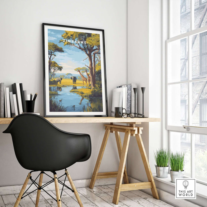 Zimbabwe travel print featuring African savanna landscape with elephants, adding natural beauty to home decor.