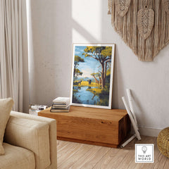 Zimbabwe Travel Print - African Savanna Landscape Poster displayed in a cozy living room setting.