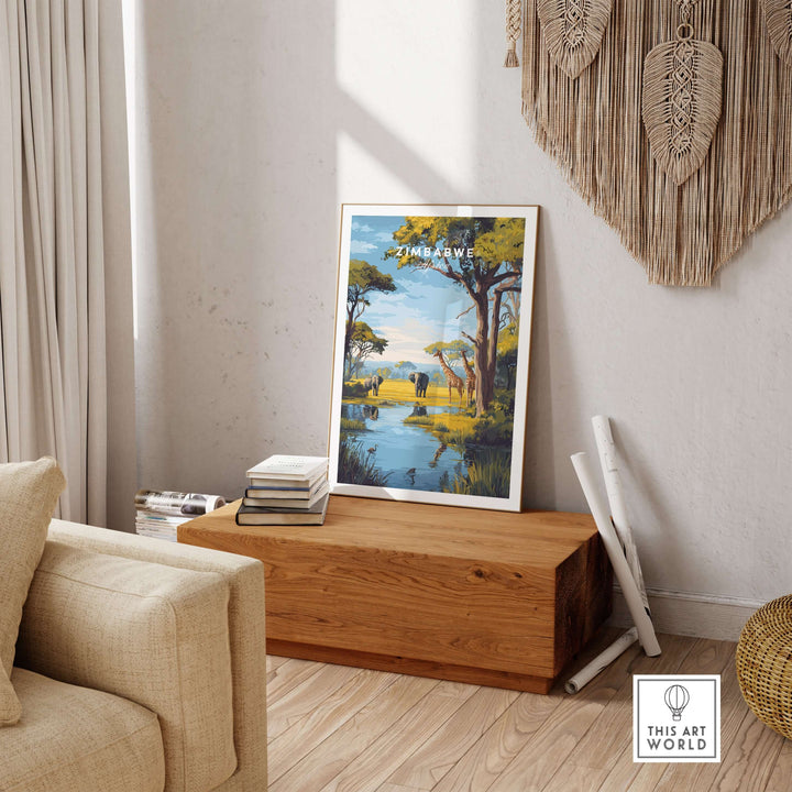 Zimbabwe travel print showcasing African savanna landscape with elephants and serene water reflections.