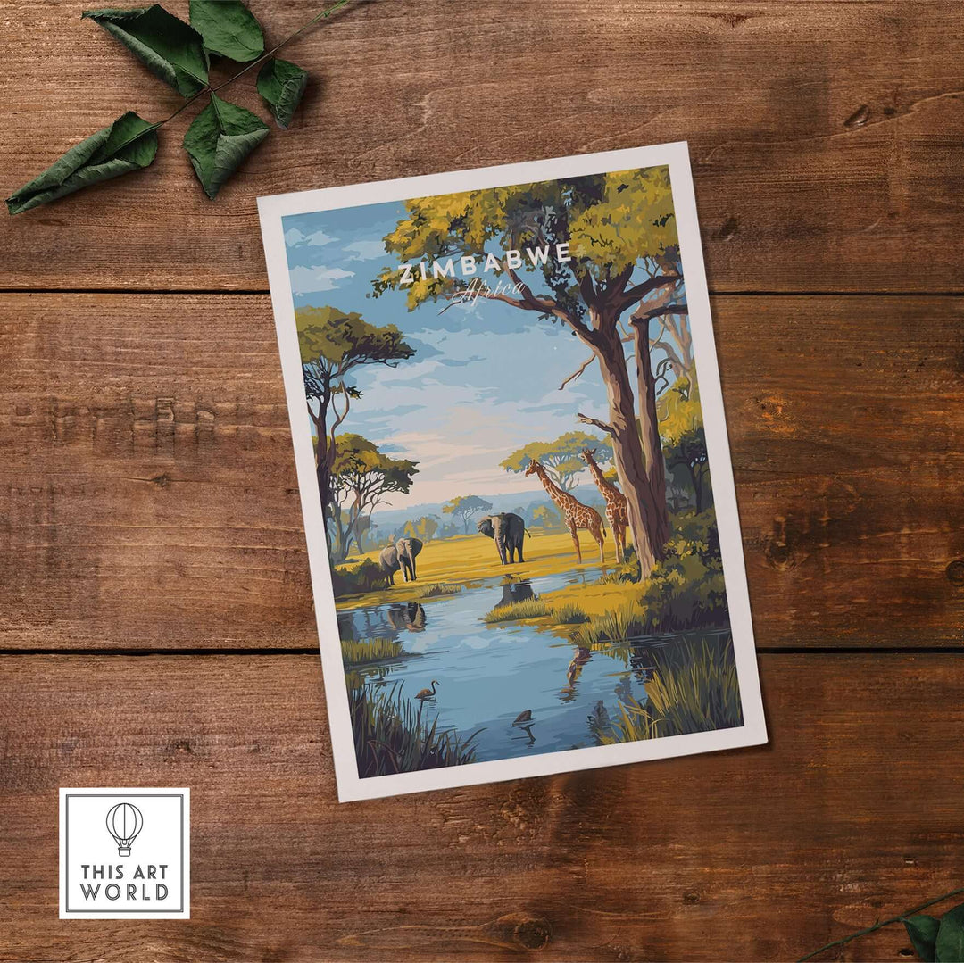 Zimbabwe travel print featuring elephants and giraffes in a serene savanna landscape.
