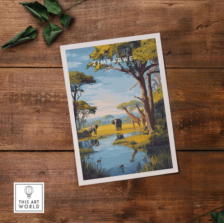 Zimbabwe travel print featuring elephants and giraffes in a serene savanna landscape.