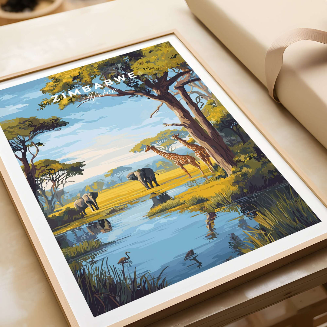 Zimbabwe travel print showcasing African savanna, featuring elephants and giraffes by a serene water body.