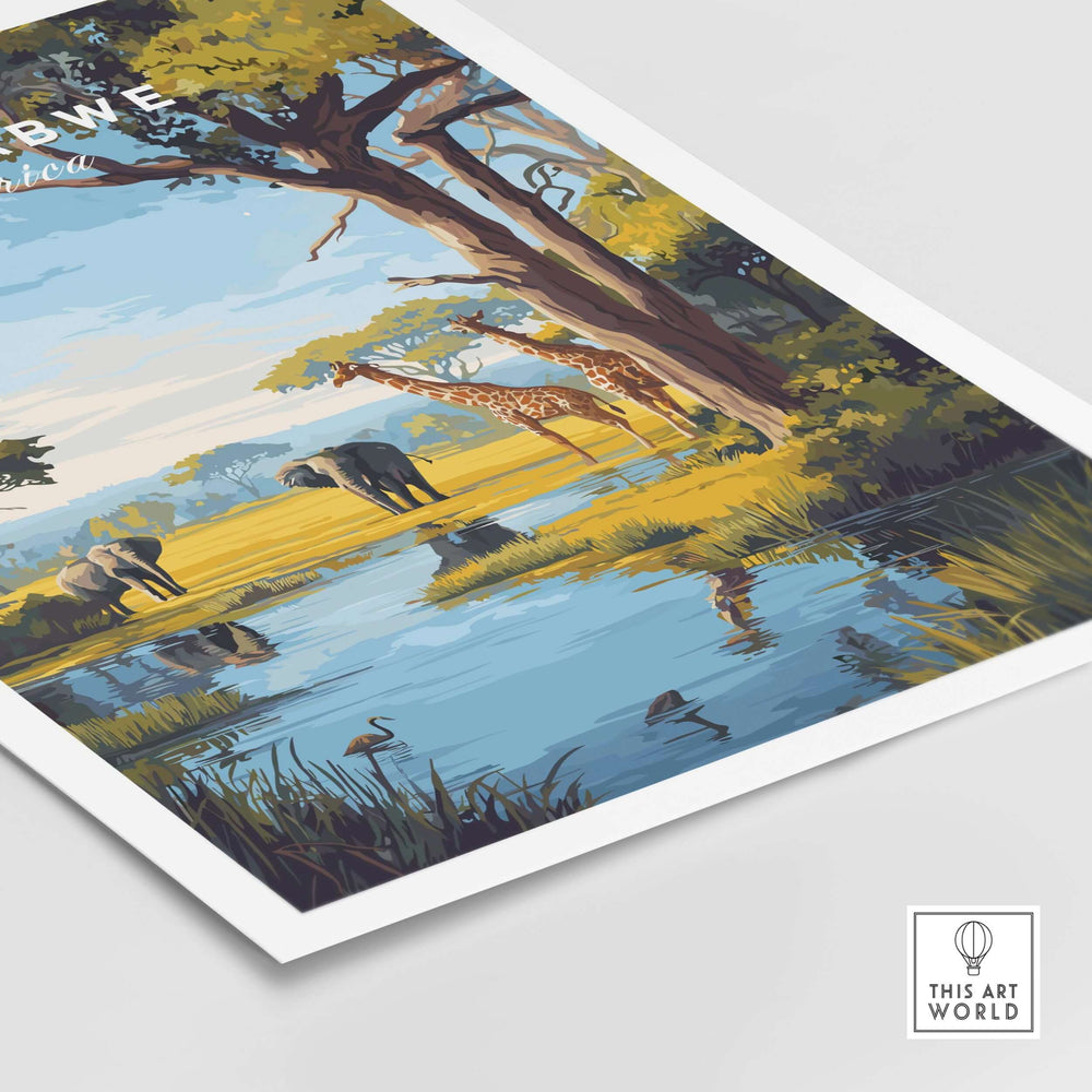 Zimbabwe travel print featuring elephants and giraffes by a serene water body with vibrant savanna landscape.
