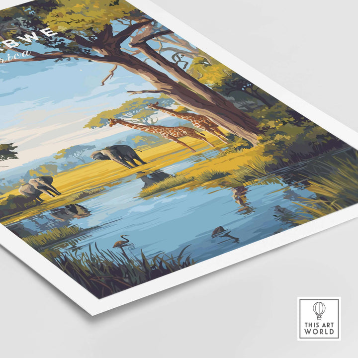 Zimbabwe travel print featuring elephants and giraffes by a serene water body with vibrant savanna landscape.