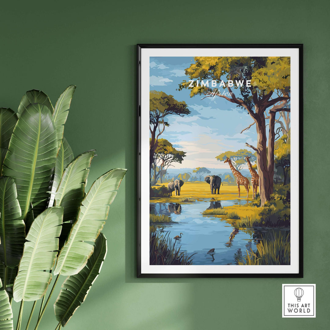 Zimbabwe travel print poster featuring African savanna landscape with elephants and vibrant flora.