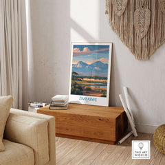 Zimbabwe Wall Art - African Safari Poster - Elephant Travel Print displayed in a cozy living room setting.