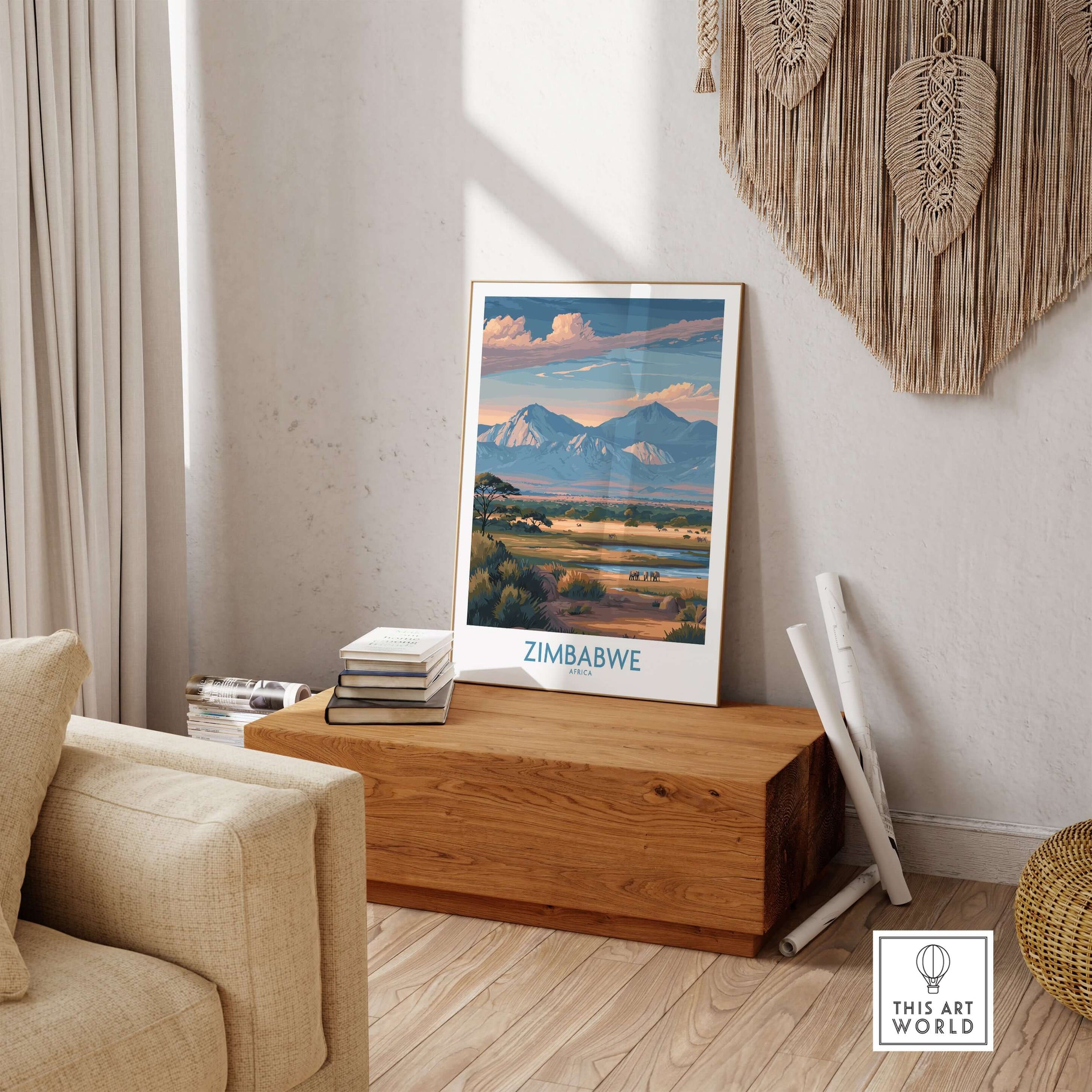Zimbabwe Wall Art - African Safari Poster - Elephant Travel Print displayed in a cozy living room setting.