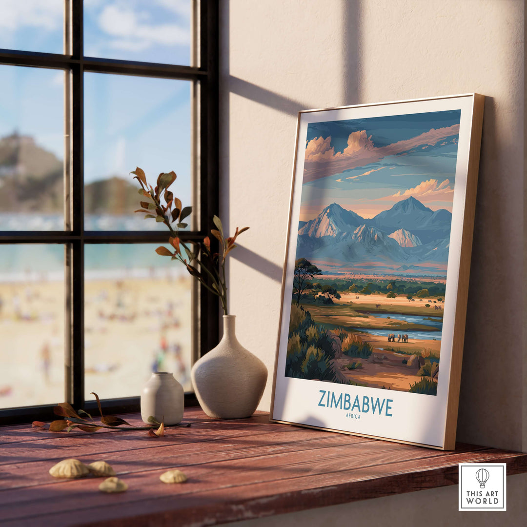 Framed Zimbabwe wall art poster depicting scenic landscape with mountains and beach view.