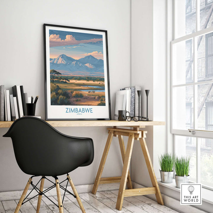 Zimbabwe wall art poster featuring mountains and landscape decor in an office setting, showcasing vibrant colors.