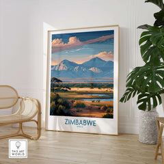 Zimbabwe Wall Art - African Safari Poster - Elephant Travel Print showcased in a beautiful interior setting.