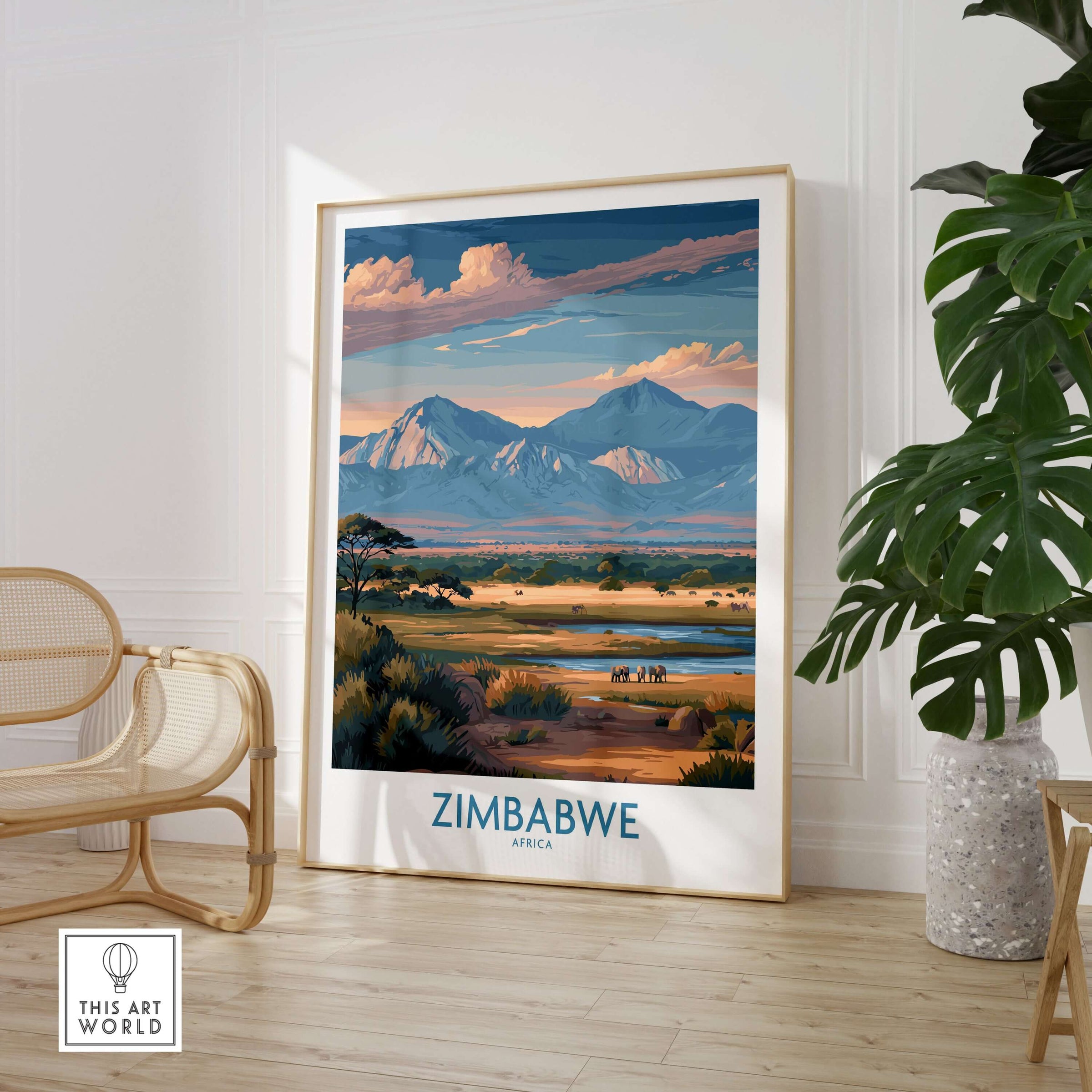Zimbabwe Wall Art - African Safari Poster - Elephant Travel Print showcased in a beautiful interior setting.