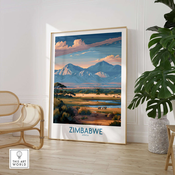 Zimbabwe wall art featuring majestic mountains and wildlife in a serene landscape, perfect for safari lovers.