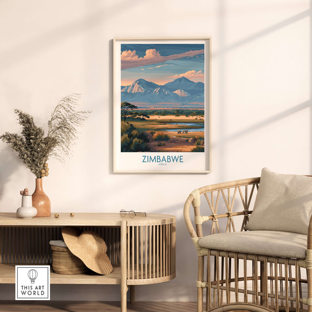 Zimbabwe wall art featuring a scenic landscape print with mountains and lush nature decor.