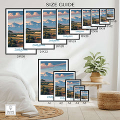 Zimbabwe Wall Art - African Safari Poster - Elephant Travel Print Size Guide with framed print dimensions and styles.