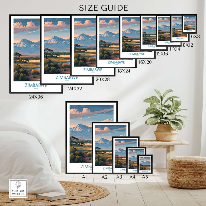 Size guide for Zimbabwe wall art prints featuring varying dimensions and a scenic design.