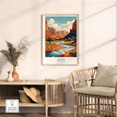 Zion National Park Art Print | Desert Landscape Poster in a home setting showcasing vibrant desert scenery.