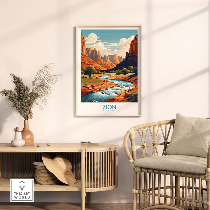 Zion National Park Art Print | Desert Landscape Poster displayed in a stylish living room setting.