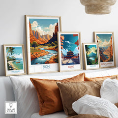 Zion National Park Art Print | Desert Landscape Poster displayed among other travel art prints featuring vibrant landscapes.