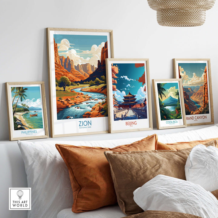 Zion National Park Art Print | Desert Landscape Poster displayed among other framed art prints on a cozy sofa.