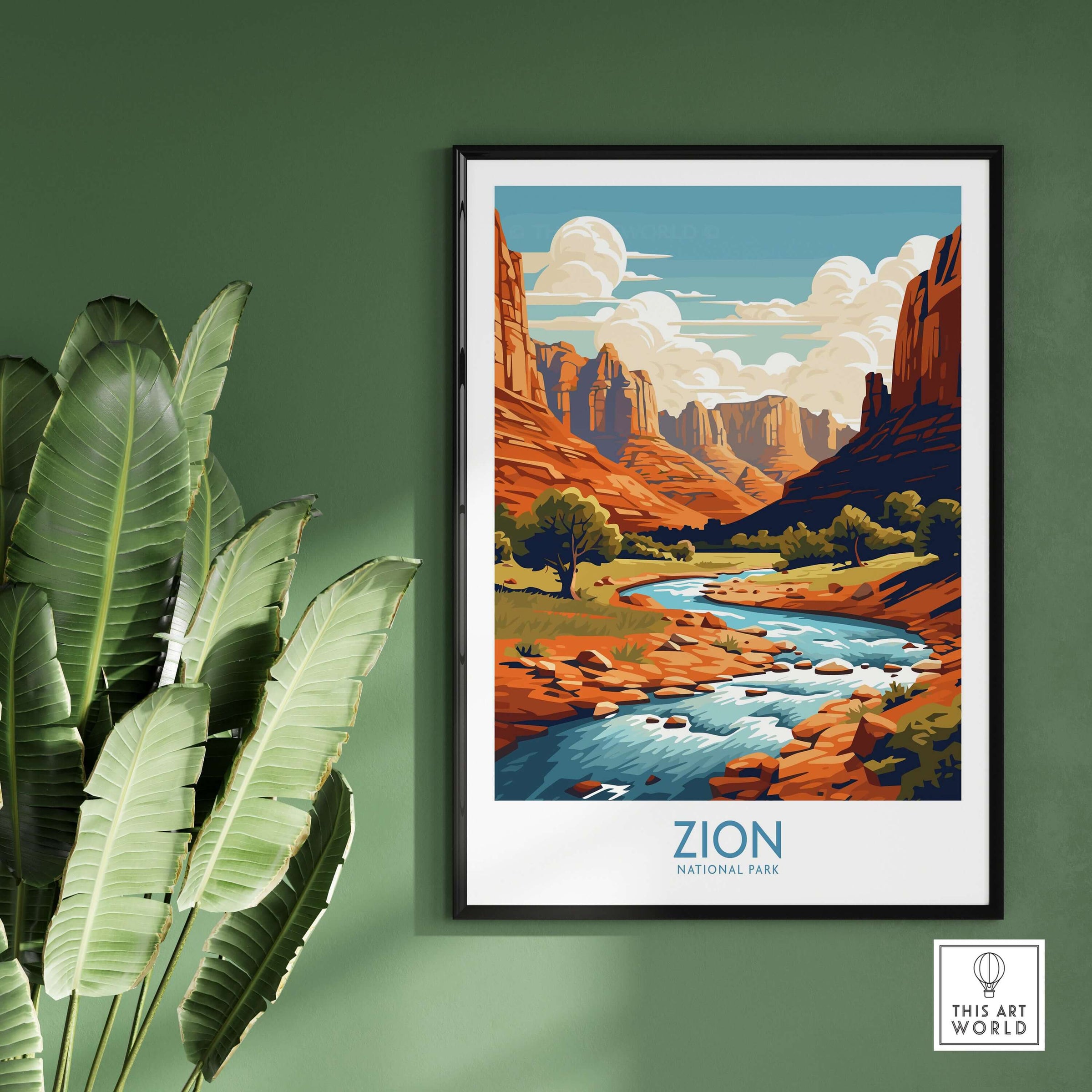 Zion National Park Art Print | Desert Landscape Poster showcasing vibrant red rock formations and a river.