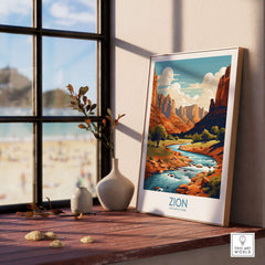 Zion National Park Art Print | Desert Landscape Poster featuring vibrant red rock formations and river view.