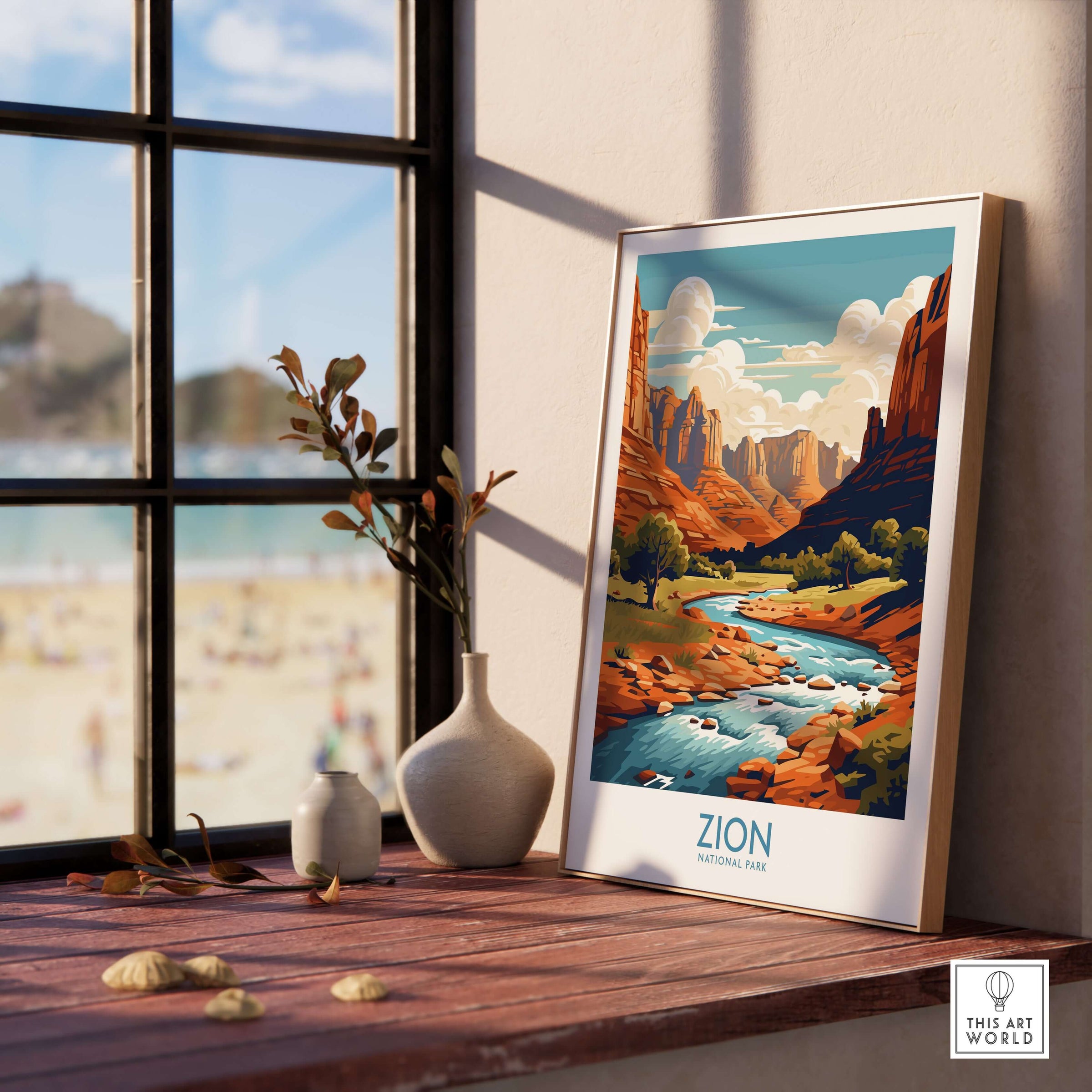 Zion National Park Art Print | Desert Landscape Poster featuring vibrant red rock formations and river view.
