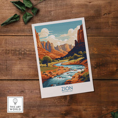 Zion National Park Art Print | Desert Landscape Poster showcasing vibrant red rock formations and river in scenic desert.